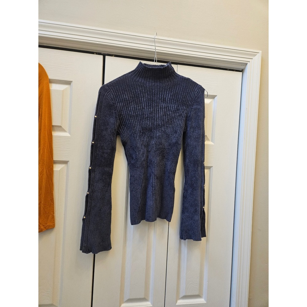 White House Black Market Ribbed Mock Neck Sweater Navy Pearl Button Sleeve M